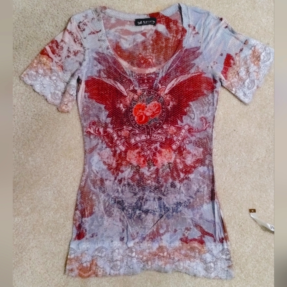 Y2K Self Esteem Semi Sheer Graphic Top w Lace Sleeves & Hem.